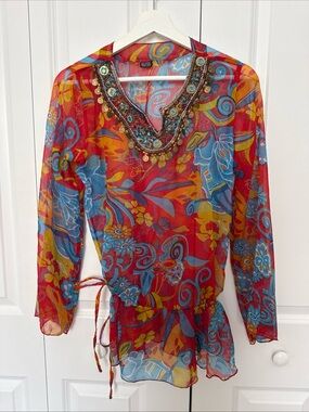 Beaded Sheer Indian Tunic Top Made in India Free Size Lightweight Delicate Kurti